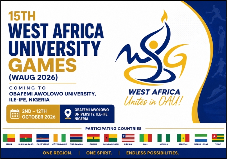 15th West Africa University Games WAUG 2026 announcement poster with dates, host venue, and participating countries