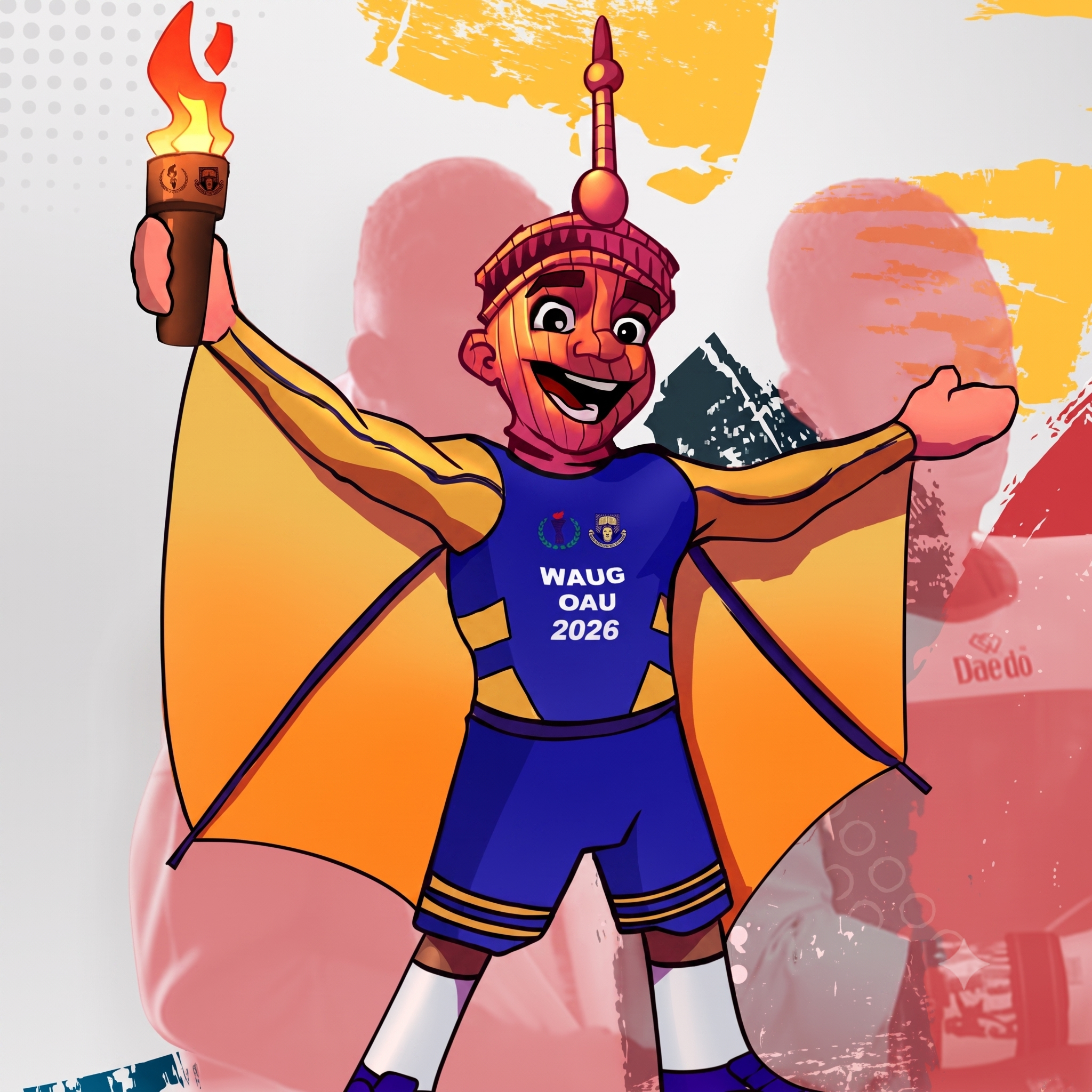 Illustrated WAUG 2026 mascot holding a torch in blue and gold sportswear